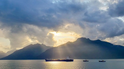 Crude tanker Polar Resolution heads outbound from Prince William Sound. 